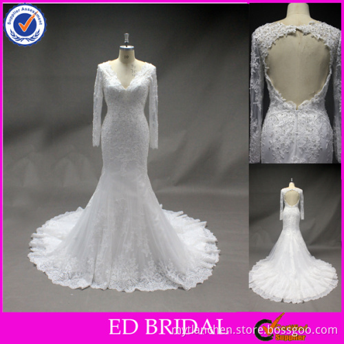 LN115 Latest Real Sample Crystal Beaded Mermaid Long Sleeve Backless Wedding Dress